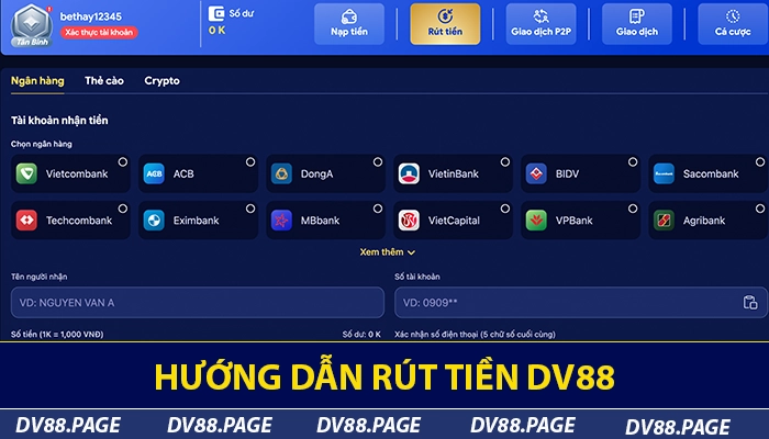 Hướng dẫn rút tiền DV88